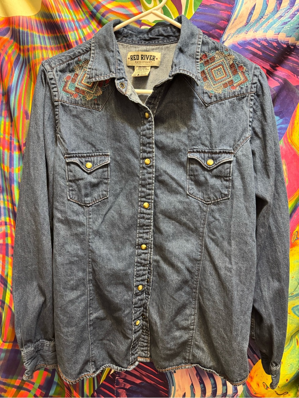 Women's Denim Button-Down Shirt with Embroidered Yokes - Gray